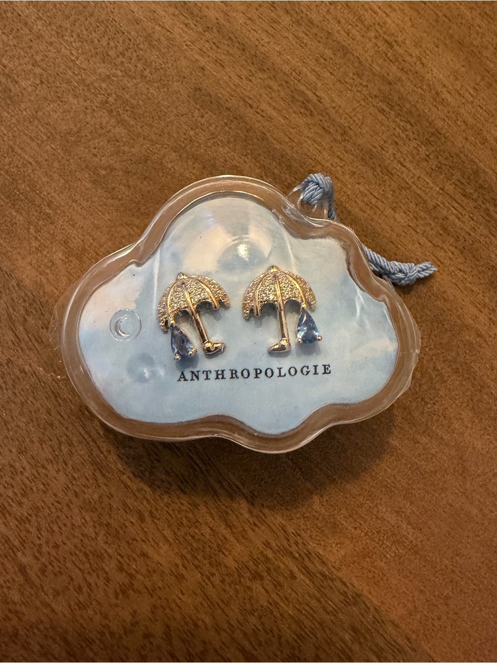 Anthropologie Gold Umbrella Stud Earrings with Blue Raindrop Accents